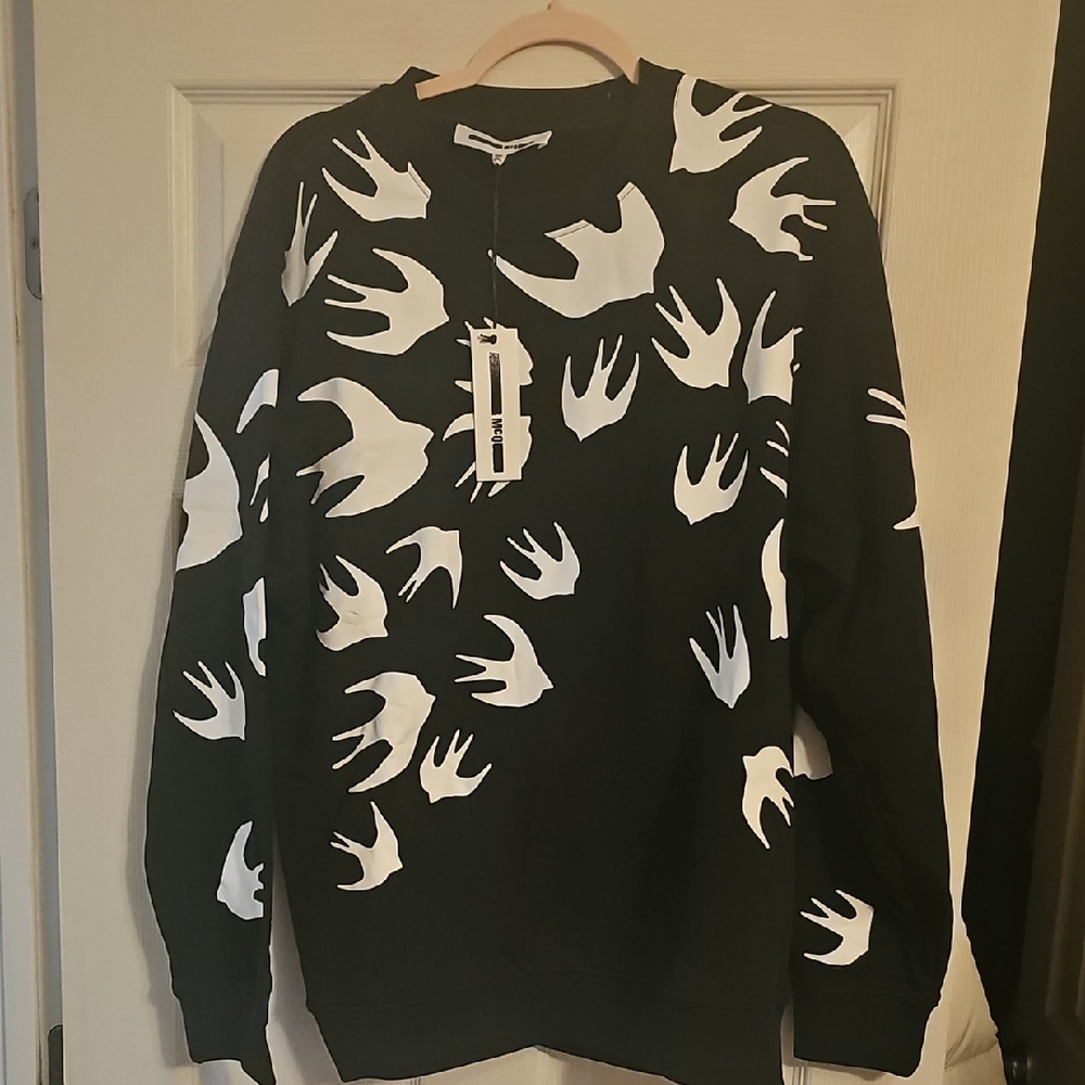McQ by Alexander McQueen Black Crewneck Sweater with White Swallow Motif